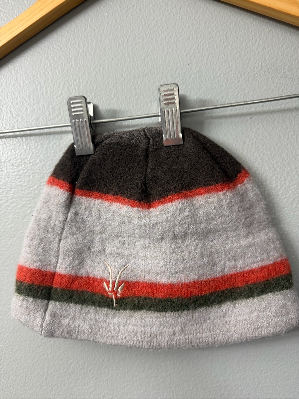 Ibex wool Striped Winter Beanie Hat - Gray with Red & Green